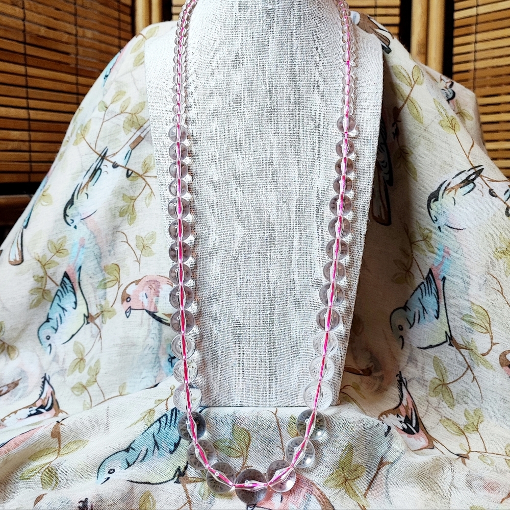 Clear Lucite Plastic Acrylic Bead Bauble Graduated Beaded Necklace Hot Pink Cord
